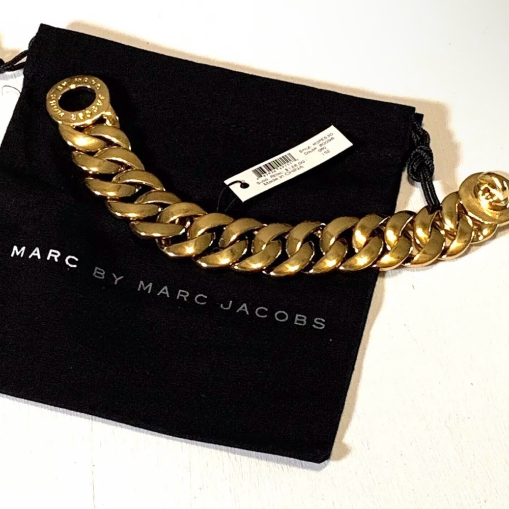 🔥NWT Marc Jacobs Katie Logo Link Bracelet Gold Tone Brass 7" $128🔥